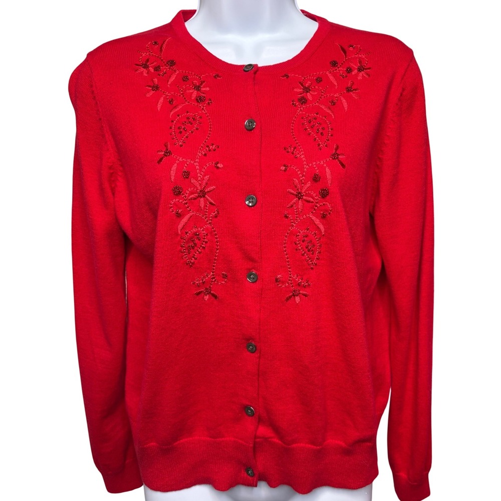 LANDS' END Womens Red Beaded Floral Cardigan Sweater Sz S Coquette Cottagecore